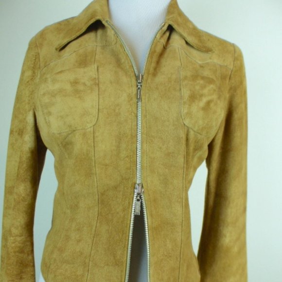 BEBE TIE DYE brown SUEDE LEATHER zip JACKET tan brown vintage retro S hippie - Picture 7 of 10